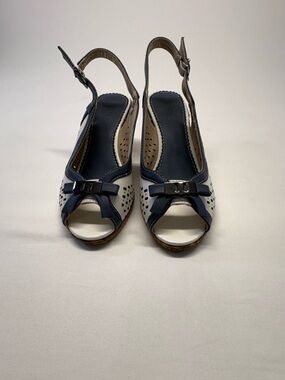 Women’s Navy and White Open-Toe Slingback Sandals with Bow Accent Made in Italy